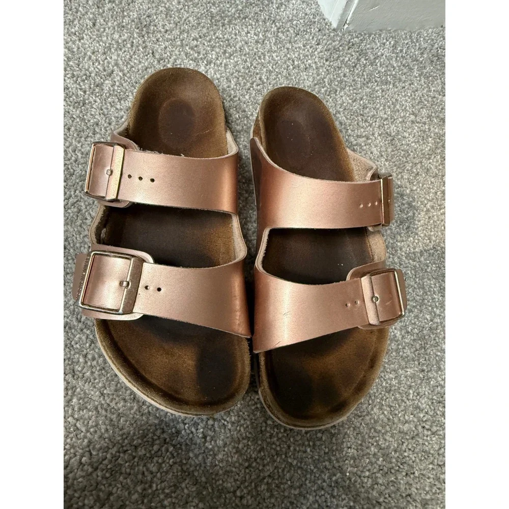 Birkenstock Arizona Metallic Copper Rose Gold Two Strap Sandals kids 34 3-3.5